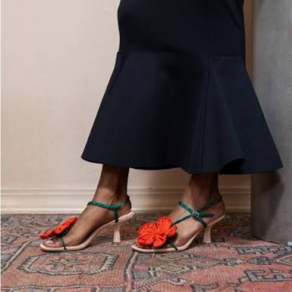 Loeffler Randall New Frank Red/Green Moiré Flower Sandal Sz 8